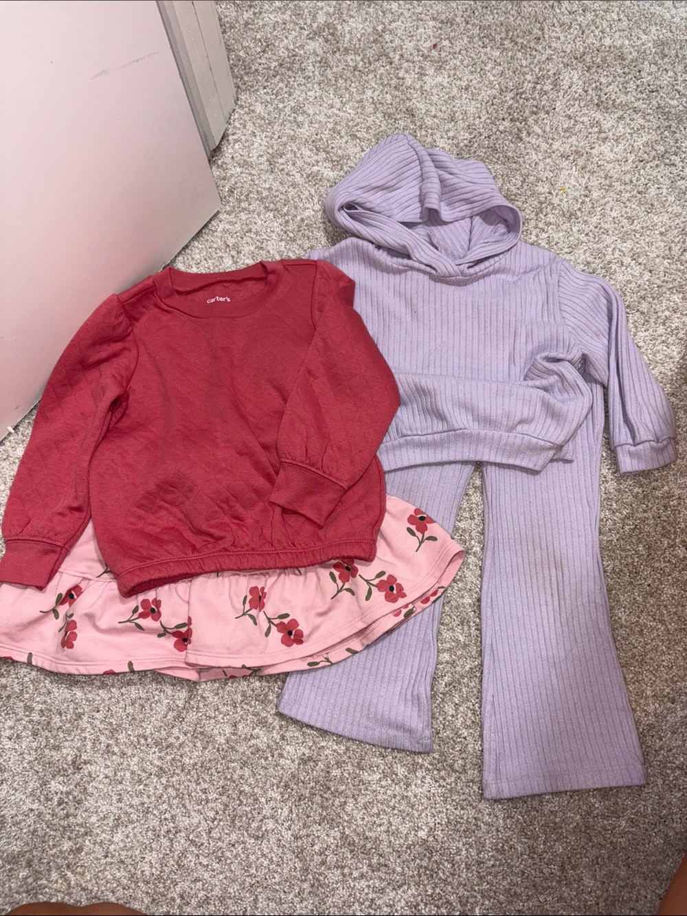 2 outfit sets- skirt with sweatshirt and hoodie flare pant set